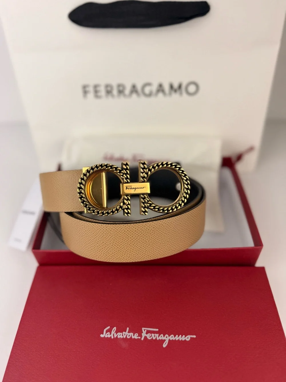 Ferragamo Gancini Reversible Belt 100 Black Camel Chain-Detail Buckle Cut-to-Fit